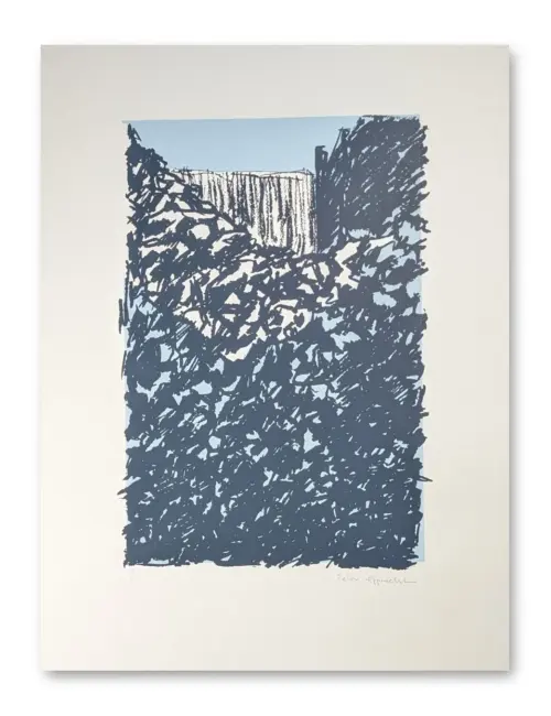 Siebdruck von Felix Epprecht: abstrakte Landschaft in Stahlblau und Hellblau, dichte Schraffuren, Hochformat