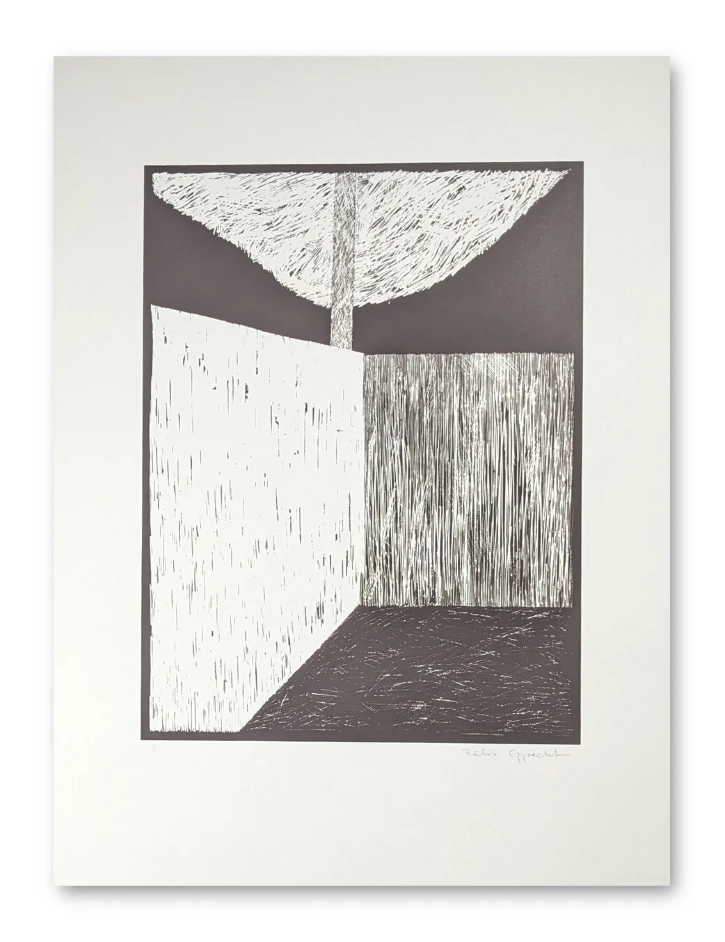 Abstrakter Siebdruck in Grau und Weiß: geometrische Raumkomposition mit schraffierter Flächen, Felix Epprecht 1977