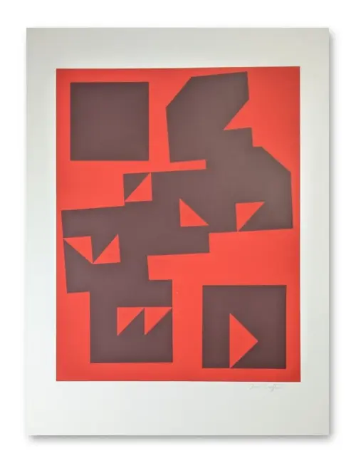 Abstrakter Siebdruck mit geometrischen Formen in Dunkelbraun auf leuchtendem Rot, Quadrate und Dreiecke