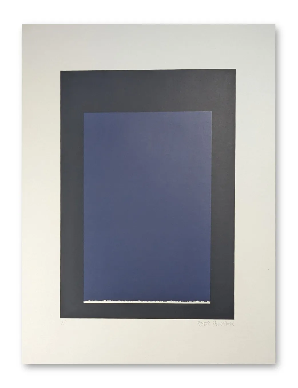 Abstrakter Siebdruck: zentriertes blaues Rechteck auf dunkelgrauem Grund, weißer Rand, Peter Schrank, 1977