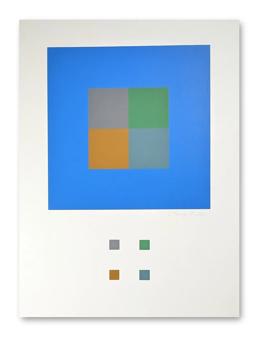 Siebdruck mit vier Farbquadraten in Grau, Grün, Orange und Blaugrau auf blauem Grund, Daniel Morgenthaler 1977