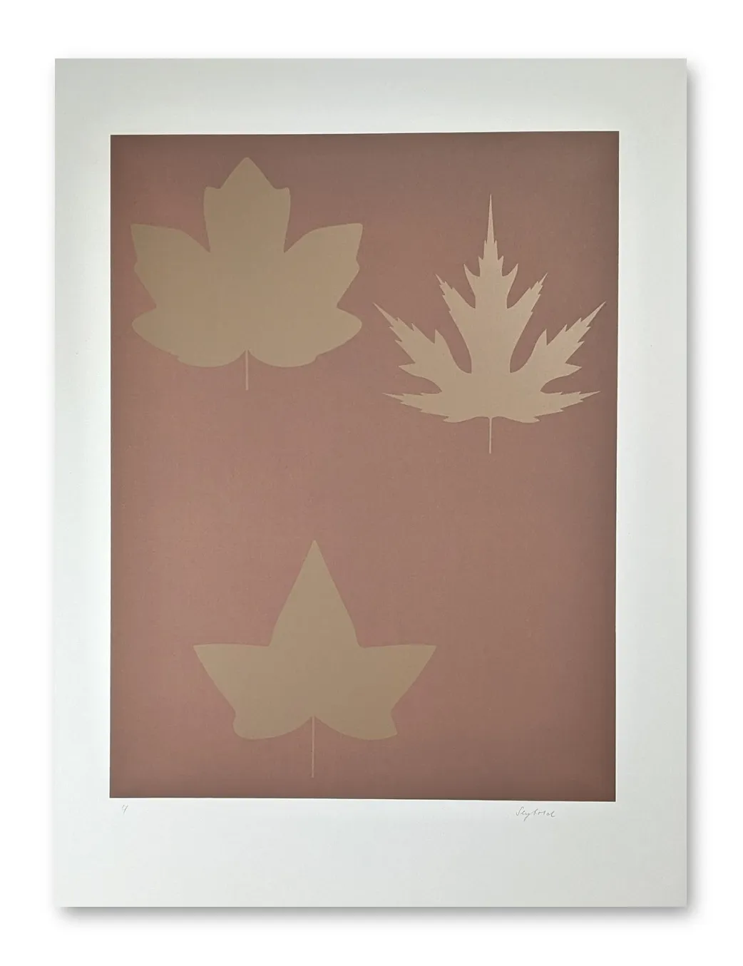 Siebdruck mit drei Blattsilhouetten in Beige auf rosé-braunem Grund, Herbert Seybold, 1977