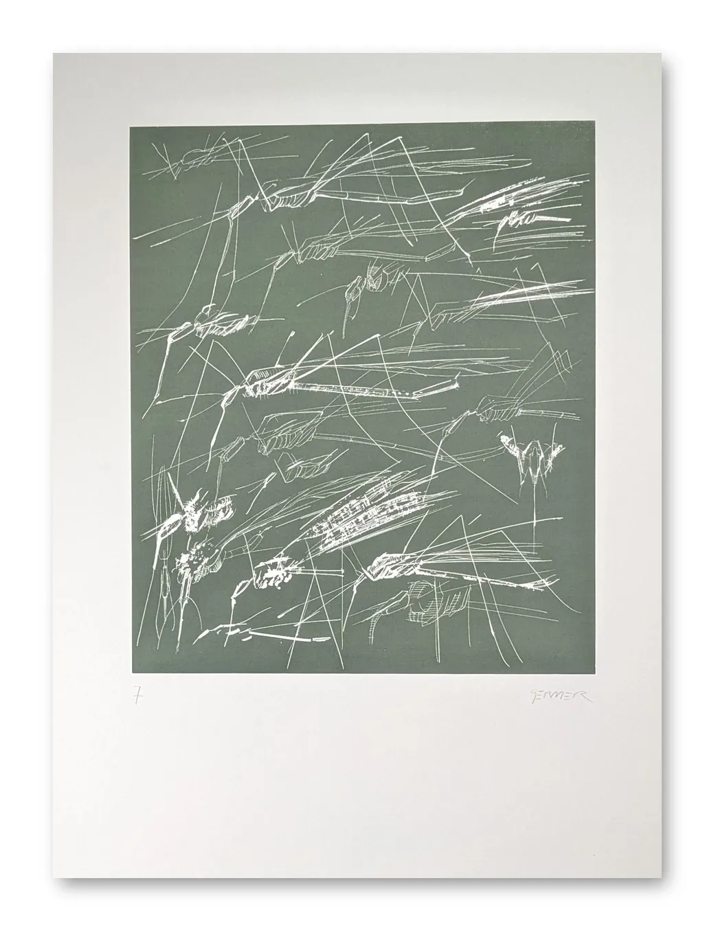 Abstrakter Siebdruck mit weißen Linien und insektenartigen Formen auf grünem Grund, Helmut Germer, 1977