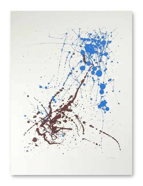Abstrakter Siebdruck mit blauen Farbspritzern und braunen Tuscheläufen auf weißem Grund, Hochformat