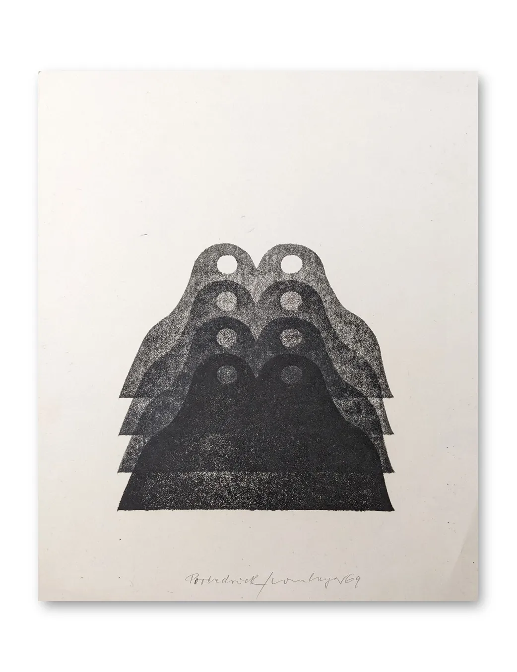 Linolschnitt von Franz Vornberger: pyramidal gestaffelte abstrakte Doppelformen in Schwarz-Grau auf weißem Papier