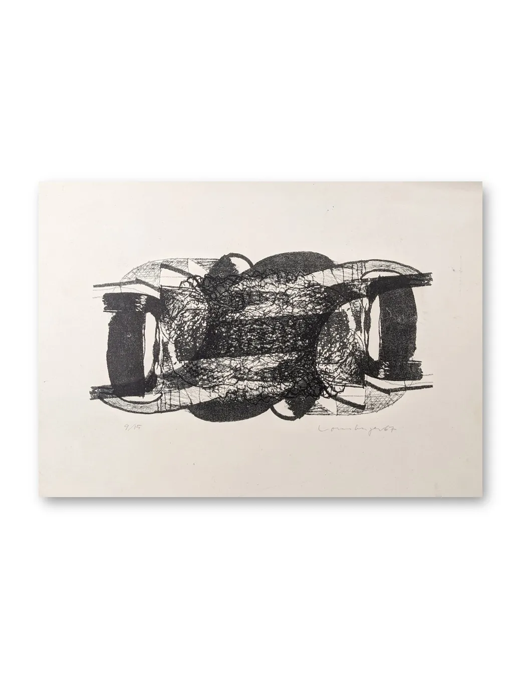 Abstrakte Schwarzweiß-Originalgrafik von Franz Vornberger, 1967, Linolschnitt, Querformat, dichte Schraffuren und Kreisformen