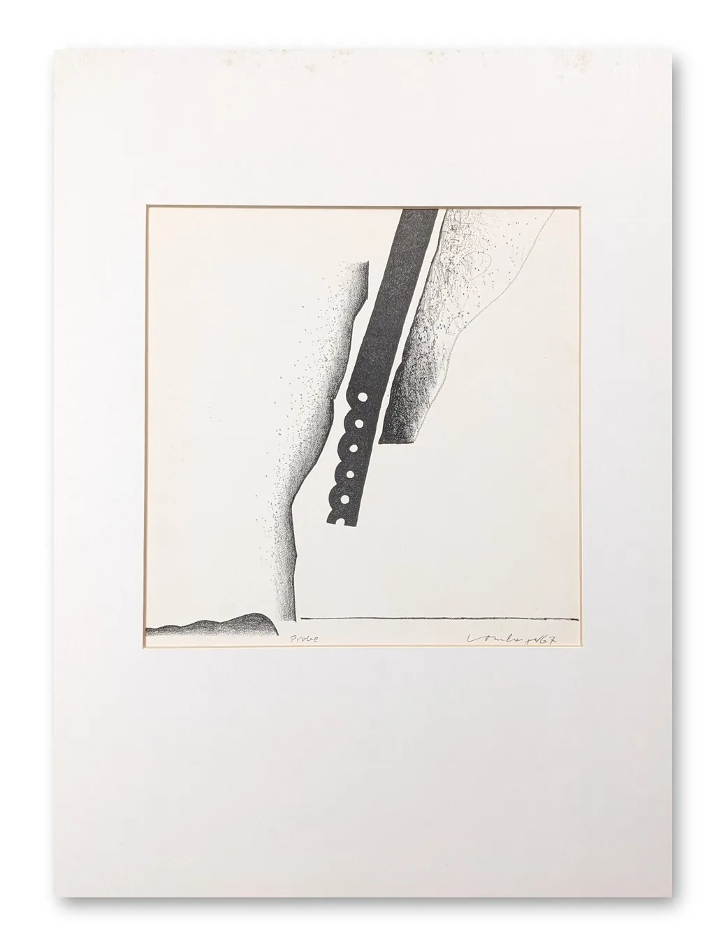 Abstrakter Linolschnitt von Franz Vornberger, 1967: diagonaler schwarzer Balken mit weißen Kreisen, organische Formen auf hellem Papier