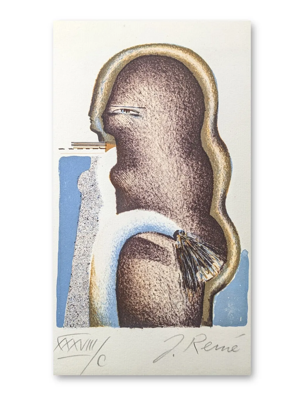 Lithografie von Jörg Remé: stilisierte Figur im Profil, erdtöne und Blau, surreale Formensprache, Hochformat